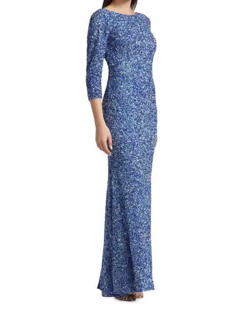 THEIA Three-Quarter Sleeve Sequin Sheath Gown