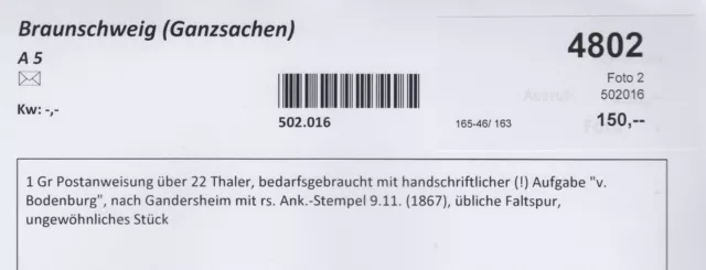 Braunschweig - Postanweisung A5 mit hs. Aufgabe 'v. Bodenburg' über 22 Thaler !! 3