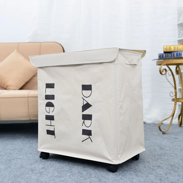Iron Wire Frame Folding Storage Laundry Basket with Cover & Wheel White