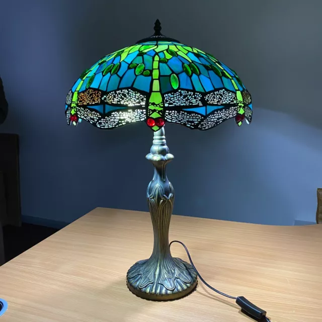 Tiffany Table Lamp 16 Inch Green Dragonfly Style Stained Glass Shade Home Decor