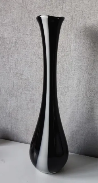 Mid Century - Modern Art Glass Hand Blown Vase - Black With White Thread 18 '