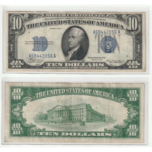 Rare 1934 $10 Ten Dollar United States Silver Certificate Blue Seal Bill