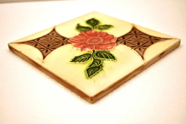 Antique Saji Tile Japan Majolica Art Nouveau Porcelain Floral Rose Geometric"J66 3