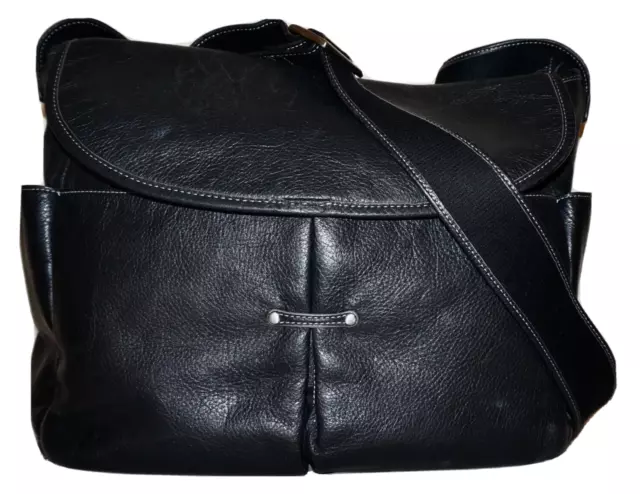 *DAMAGED & WORN* LEVENGER Large Black Leather 12 x 13 Messenger Crossbody Bag
