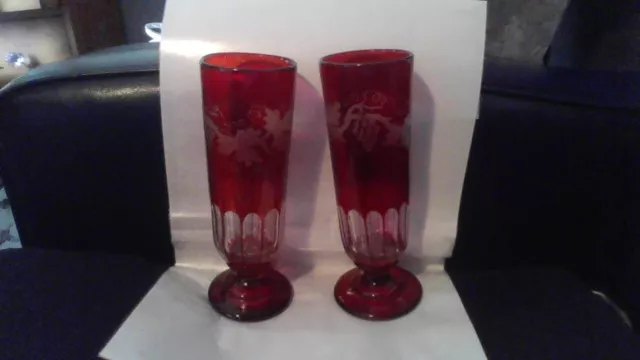 A Pair Of Mid To Late 19Th Century Approx. 9" Tall Bohemian Ruby Red Cut & Engra 2