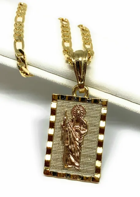 San Judas Tadeo Medalla Gold P Saint Jude Pendant Necklace 24" Cadena Oro Lamina