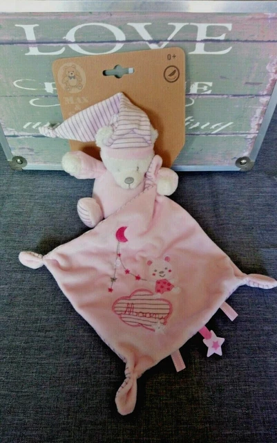 Doudou ours mouchoir rose blanc Max & et Sax moon lune nuage étoile + cadeau