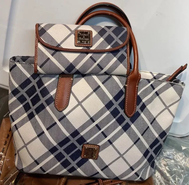 Dooney Bourke Bundle Set. Blue White Plaid BRIELLE Satchel & Continental Wallet