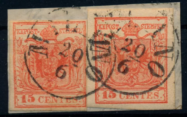 LOMBARDEI-VENETIEN 1850 2*15C, Briefstück, MP, Type III. MILANO. Sehr schön!
