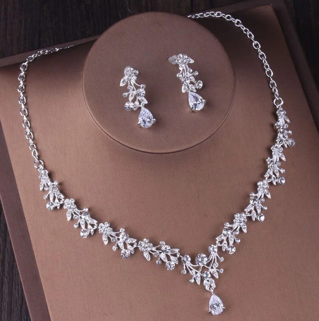 Women Floral Necklace Sparkling Crystal Crown Rhinestone Earrings Jewelry Sets