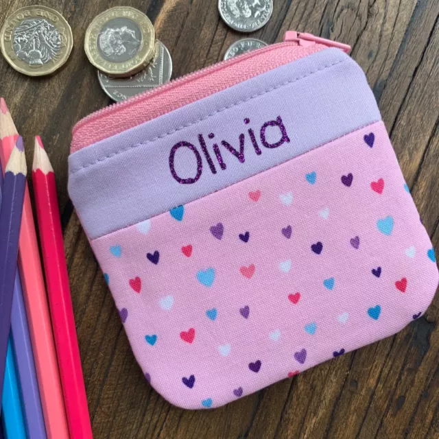 Personalised - Love heart coin purse Pink zip wallet pouch Girl Boy Handmade