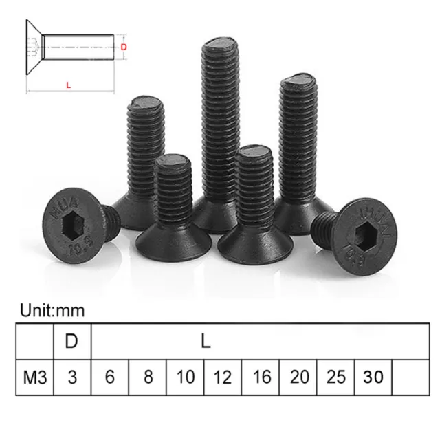 10x M2 M3 M4 M5 M6 Black Steel Allen Hex Socket Countersunk Head Screw Grade10.9