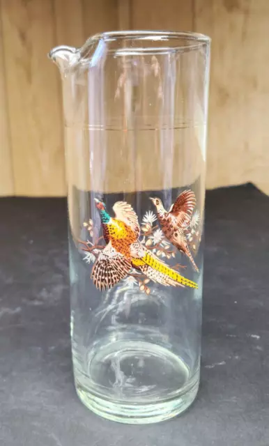 Vintage Glass Martini Cocktail Pitcher With Pheasants And Gold Trim WITH  Stirrer