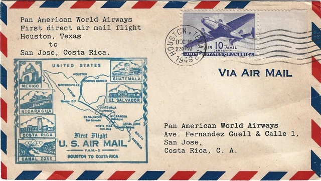 FIRST FLIGHT PAN American World Airways, Houston Texas à San Jose Costa ...