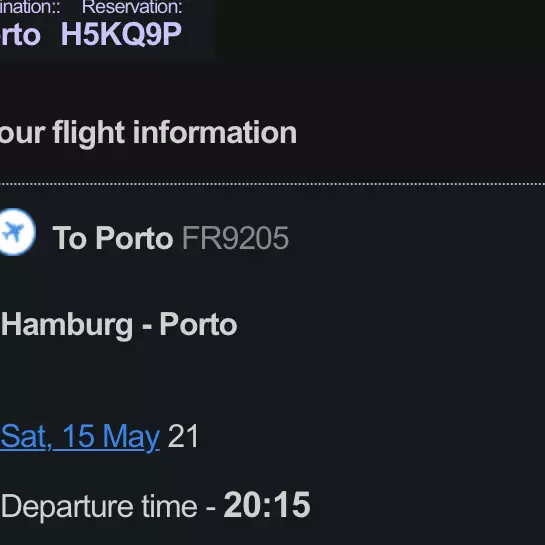 Ryan Air Ticket Hamburg to Porto