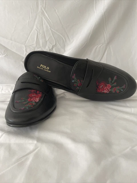 Polo Ralph Lauren Shoe Women 7.5B Mule Loafer Ashlyn Embroidered Leather Flat