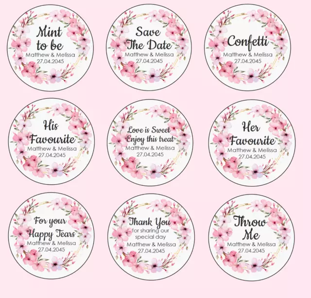 Personalised Wedding Pink Cherry Blossom Flower Effect Favour Labels Stickers