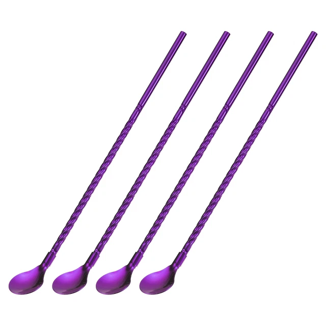 4Pcs 8.6" Stainless Steel Spoons Straws Reusable Twist Handle Spoon, Purple