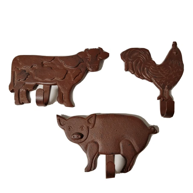 3 Farm Animal Cast Iron Coat Hooks Pig Rooster Cow Rustic Country Style Hooks