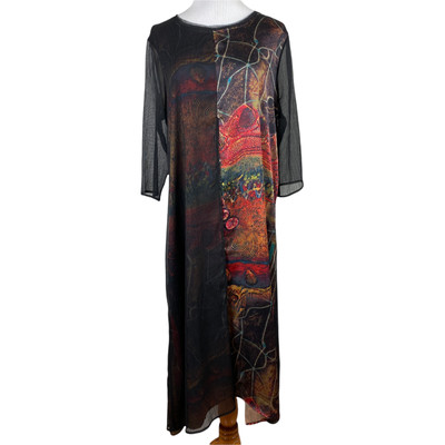 Vicky And Lucas Midi Dress M Black Graphic Sheer Layered 3/4 Sleeve Seashells