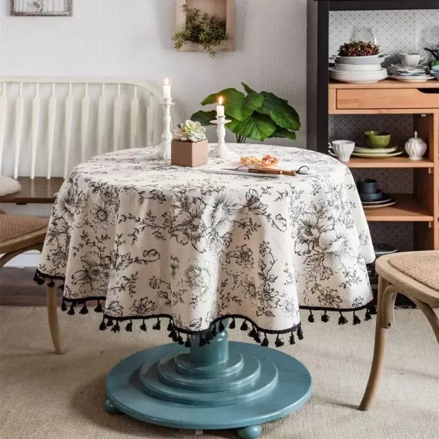 Cotton Linen Table Cloth Round Tablecloth Tassel Dust-Proof Floral Table Cover