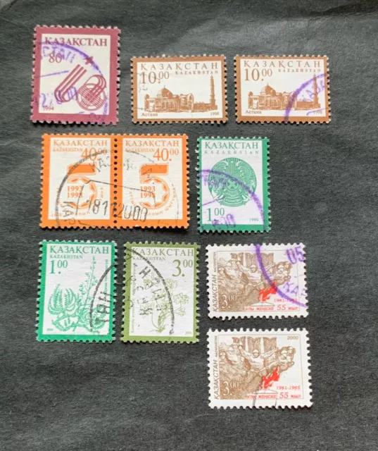 Kazakhstan 1994-2001 - 10 used stamps with Michel No. 48, 216, 235, 300, 314