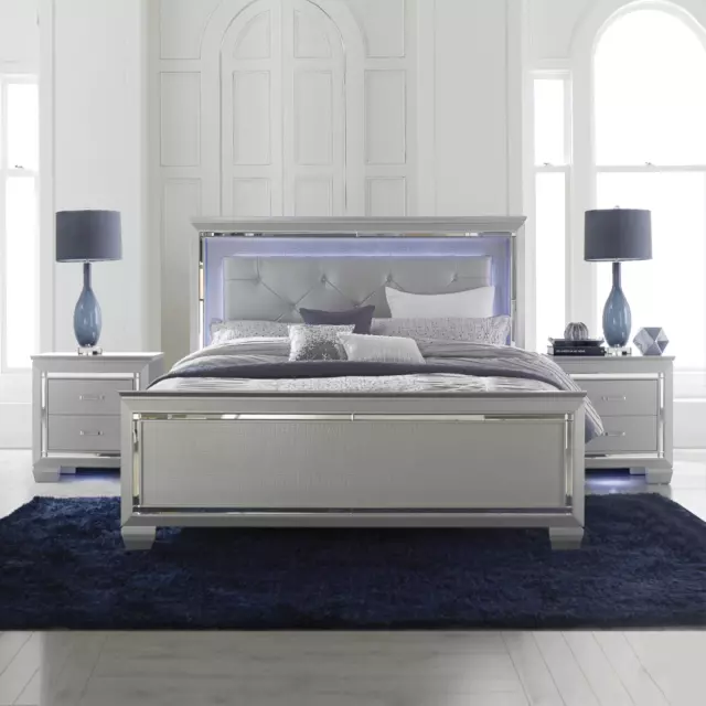 NEW Luxe LED Silver Gray Queen King Bed & Optional Nightstand Modern Bedroom Set