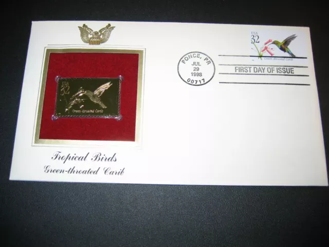 Green-throated Carib Tropical Bird 1998 Gold Golden replica Cover FDC Stamp