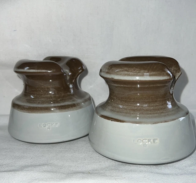 Fred M Locke R Porcelain insulator Lot of 2 Brown Cream Vintage Set Ombre