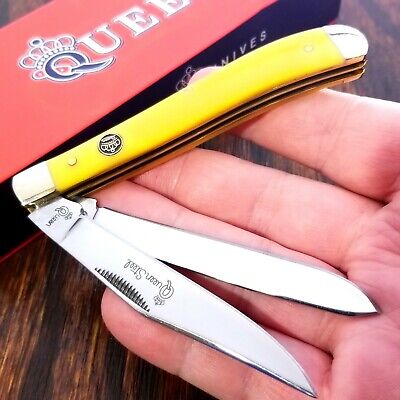 Queen Slim Line 2 Blade Trapper Yellow Folding Pocket Knife Not Usa