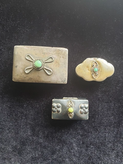3 Vintage Mexico Sterling Silver And Turquoise Pill Trinket Box