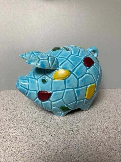 Vintage Blue Ceramic Pig Piggy Coin Bank Mosaic Tile Pattern 5.25" L x 4" W VGC