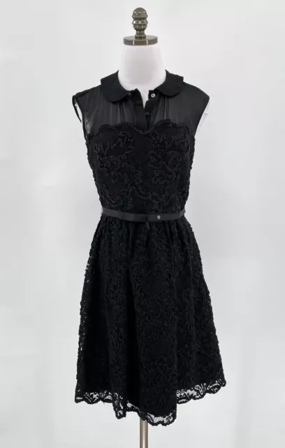 Ted Baker Womens Black Lace Collared Belted Sleeveless Fit Flare Dress Sz 2