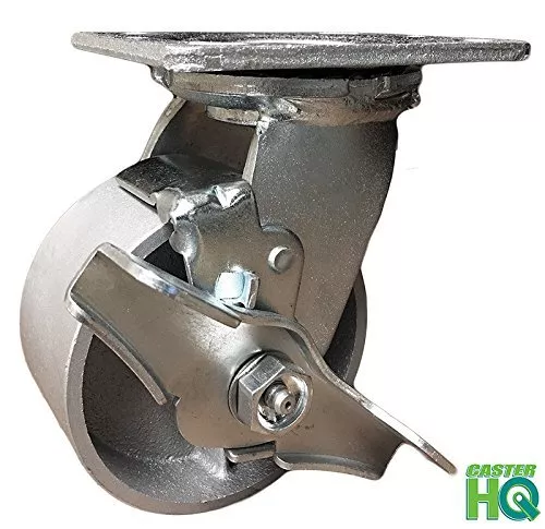 CASTERHQ- 4" Heavy Duty Swivel Caster with Brake - 4" Semi Steel Cast Iron Wheel