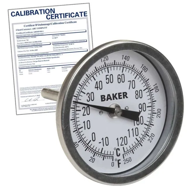 Baker T30025-250 Bimetal Thermometer, 0 to 250&deg;F (-20 to 120&deg;C),