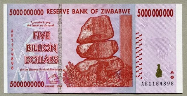 Billet de 5 BILLION ( MILLIARD ) de DOLLARS du Zimbabwe.