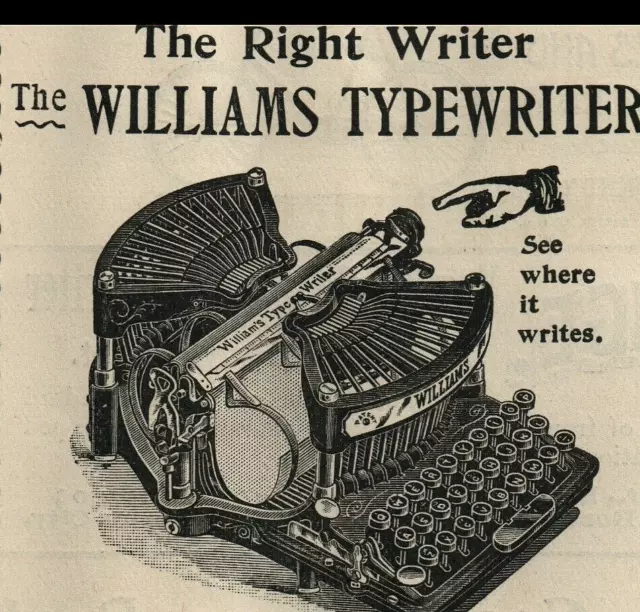 1897 Williams Typewriter "Writes in Plain Sight" Office Machine Print Ad A258