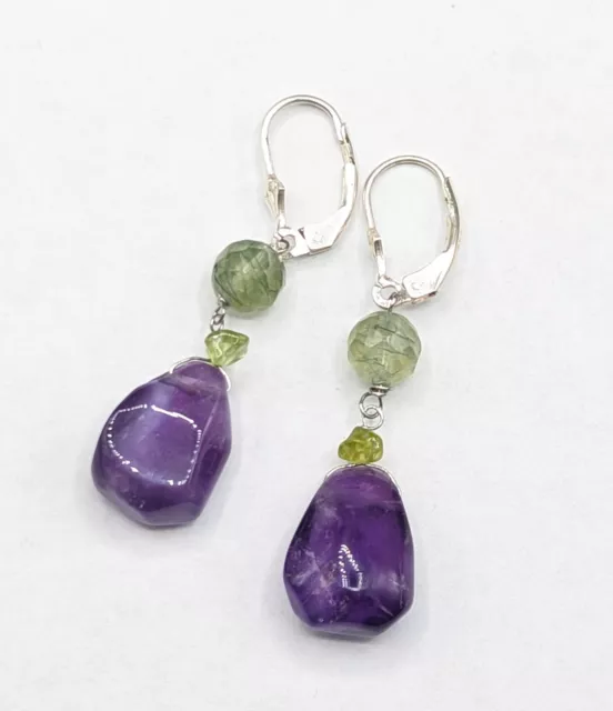 Sterling Silver Purple Amethyst Nugget Bead Peridot Gemstone Dangle Earrings