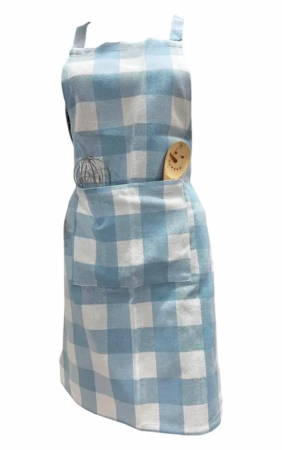 Simple Adjustable Sky Blue & White Color Checked Cotton Fabric Apron For Unisex