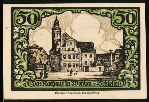 Notgeld Wohlau /Schlesien 1921, 50 Pfennig, Rathaus, Wappen