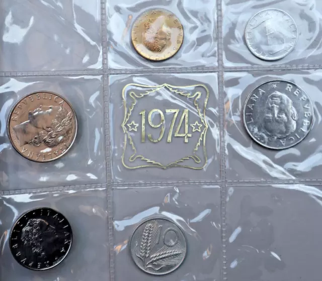 ITALIEN: OFFIZIELLER KMS KURSMÜNZENSATZ 1974: 6 Münzen, 5 - 100 Lire, unc, C23 2