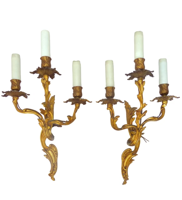 Nice  PAIR Antique Rococo Gilded Bronze Triple Wall light Sconce 1900 Louis XV