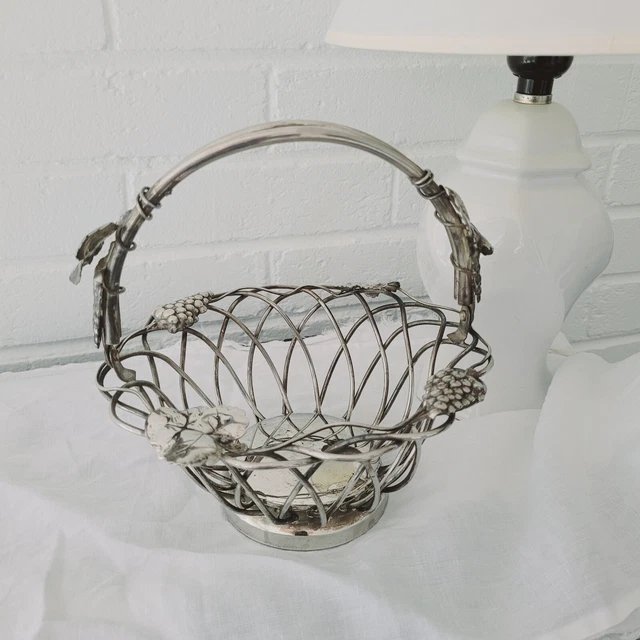 Vtg Godinger Silver Plated Basket w/ Handle Grape Vine Wire Fruit Bowl 7.5"