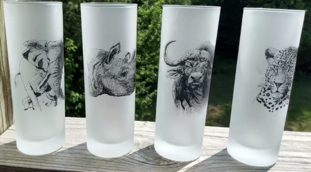 Lot 4 vtg FIRNA Indonesia  Frosted Highball Glasses African Animals