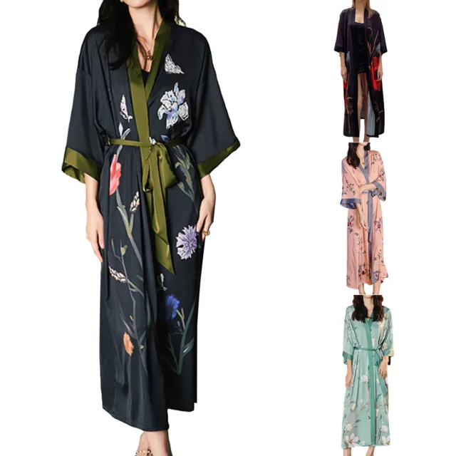 Women's Satin Kimono Robe Long Sleeve Lightweight Floral Luxury Silk Bathrobe