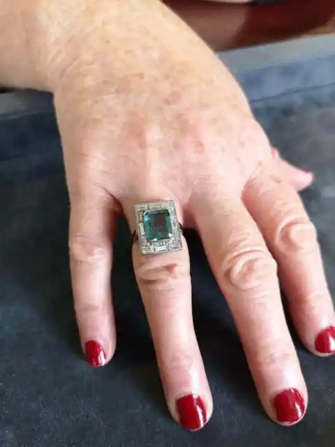 Late 20th Century Emerald Cut Aquamarine With Baguette Cut Clear CZ Halo Ring
