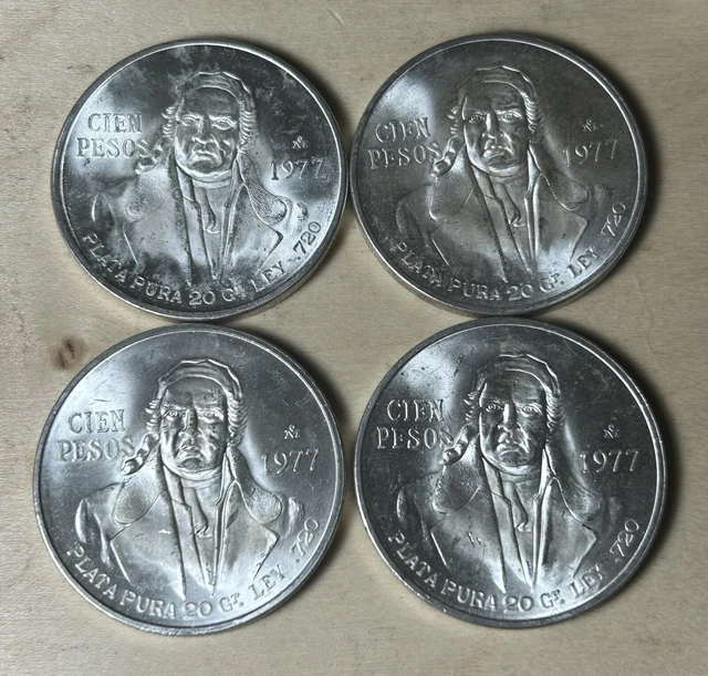 1977 Mexico Cien Pesos .720 fine silver BU Frosty Coins Lot Of 4 1977 Mexico Cien Pesos .720 fine silver BU Frosty Coins Lot Of 4