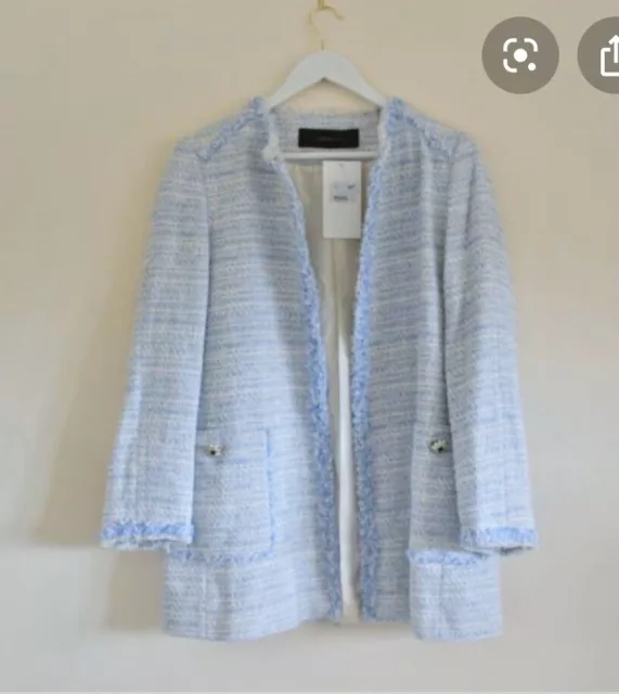 ZARA BLUE LONG Tweed Blazer Jacket Size L UK14 Bnwt 48.36