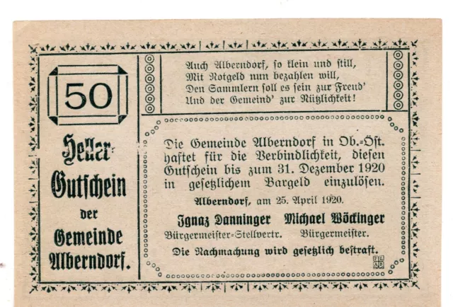 1920 Austria Notgeld Municipality of Alberndorf 50 Heller (B248)