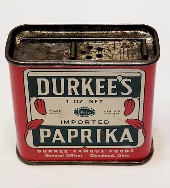 Metal Spice Tin Durkee's Paprika 1 oz Glidden Vintage Advertising 2" Tall